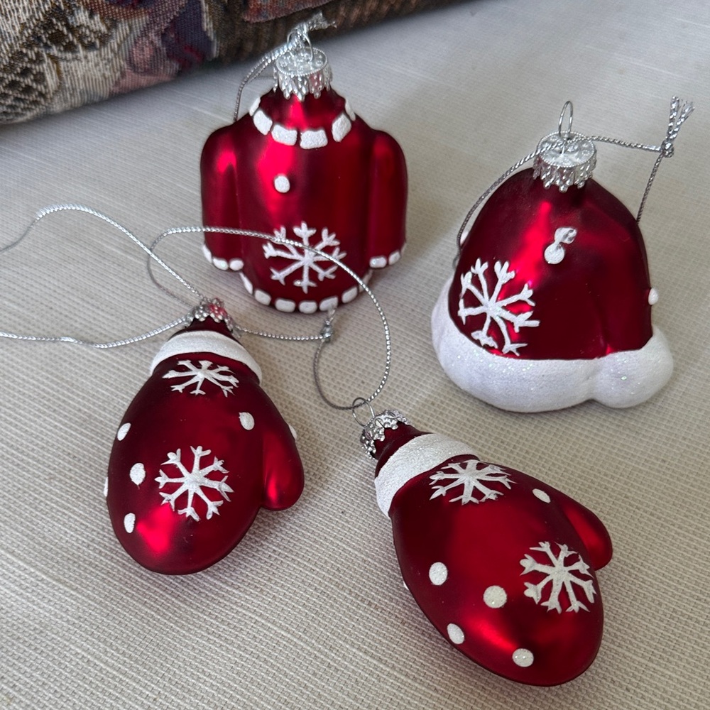 Set of 4 Red Glass Ornaments – Mittens, Sweater & Hat - Picture 2 of 4